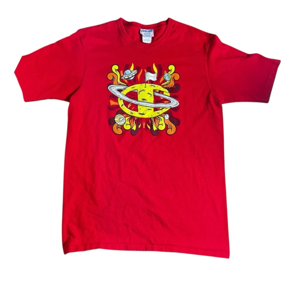VTG Champion Red T-Shirt with Planet Graphic UFO Space Size Large